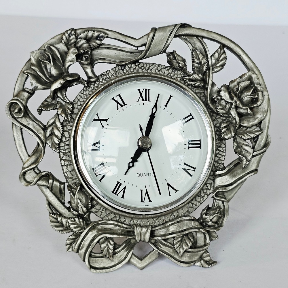 Vintage Pewter Tone Rose Ribbon Heart Desk Clock Victorian Quartz Decor 6in